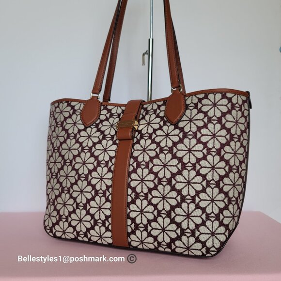 KATE SPADE Spade-Flower Jacquard and Leather Medium Open Tote- Burgundy Multi⭐ - Picture 3 of 16